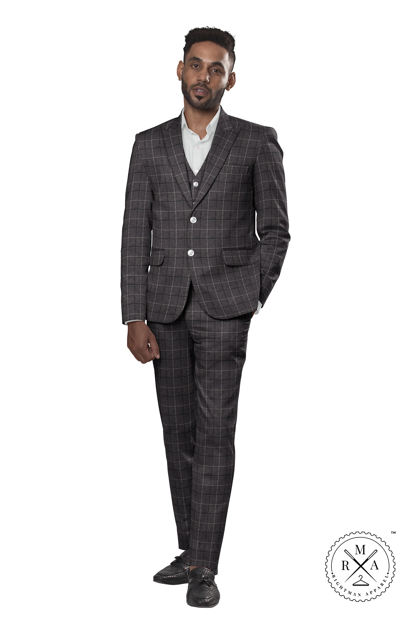 Grey TR Three Piece Suit With Windowpane Checks SU33